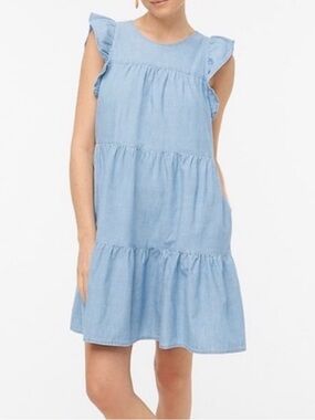 J. Crew Cotton Chambray Ruffle Shoulder Tired Mini Dress Pockets Size 6